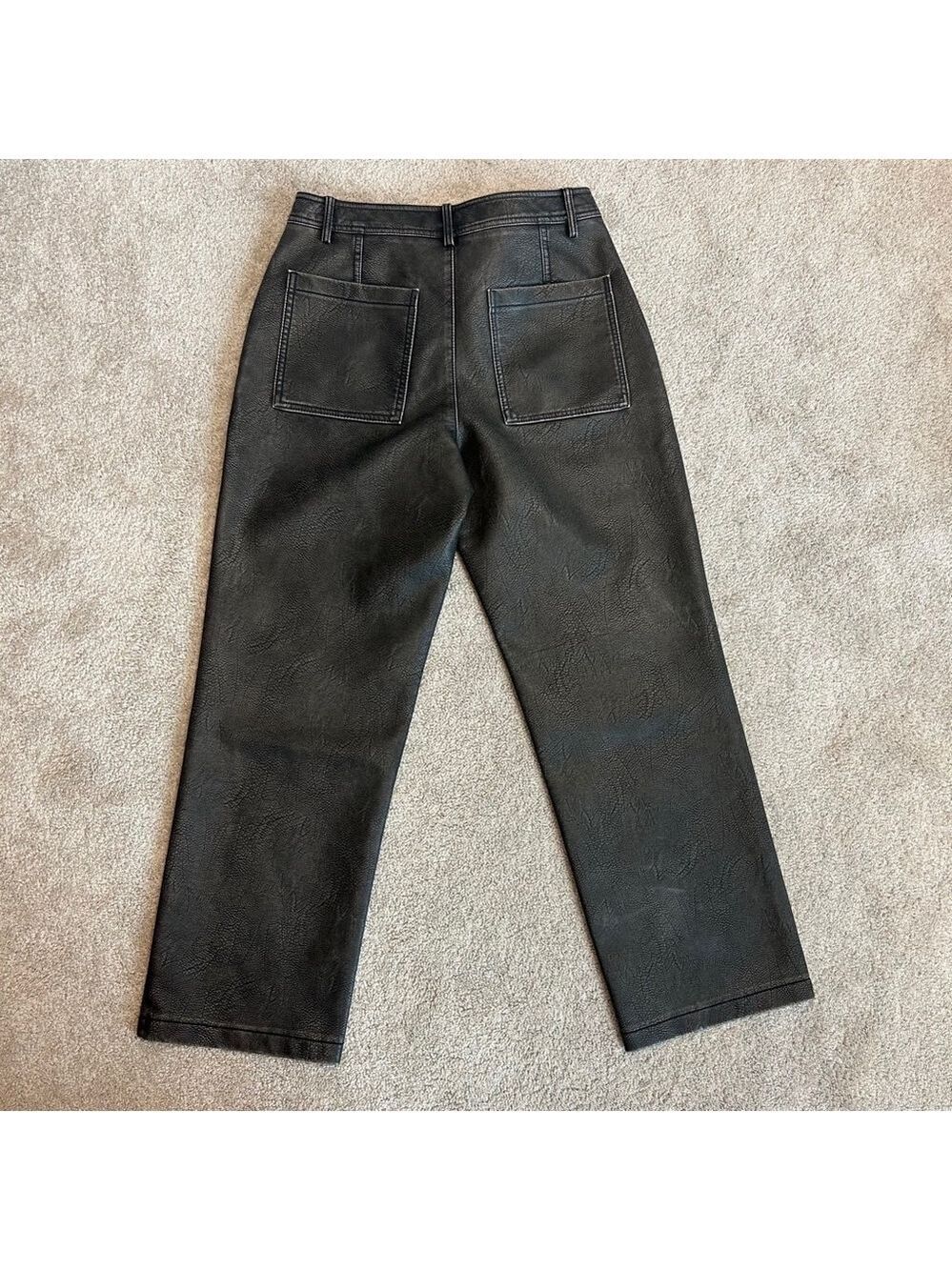 Zara Black faux leather pleather vegan rustic straight leg pants Sz 6 NWOT - Picture 4 of 12